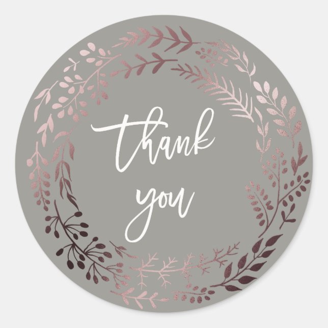 Elegant Rose Gold and Grey Thank You Wedding Favou Classic Round Sticker (Front)