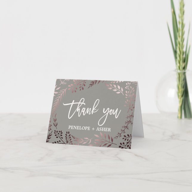Elegant Rose Gold and Grey Wedding Thank You Card (Front)