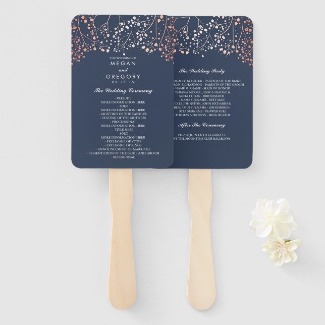 Elegant Rose Gold and Navy Blue Wedding Program Hand Fan (Front and Back)