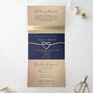 Elegant Rose Gold and Navy Blue Wedding Tri-Fold Invitation