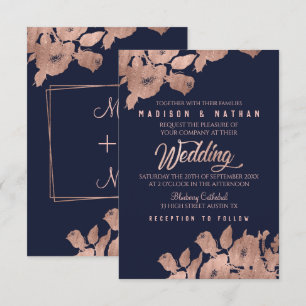 Elegant Rose Gold and Navy Floral Wedding Invitati Invitation