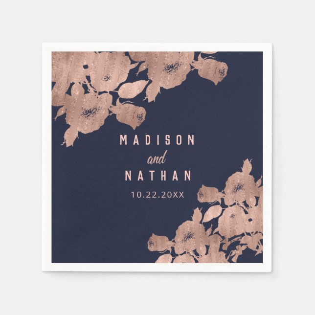 Elegant Rose Gold and Navy Floral Wedding Napkin (Front)