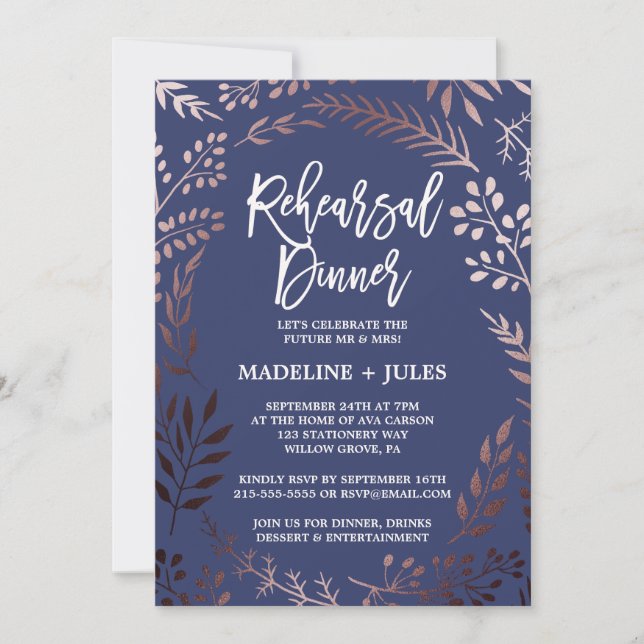 Elegant Rose Gold and Navy Rehearsal Dinner Invitation (Front)