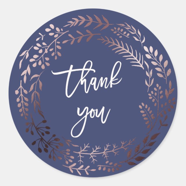 Elegant Rose Gold and Navy Thank You Wedding Favou Classic Round Sticker (Front)