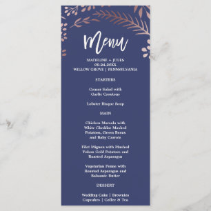 Elegant Rose Gold and Navy Wedding Menu Card