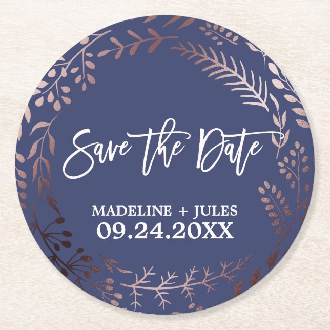 Elegant Rose Gold and Navy Wedding Save the Date Round Paper Coaster (Front)