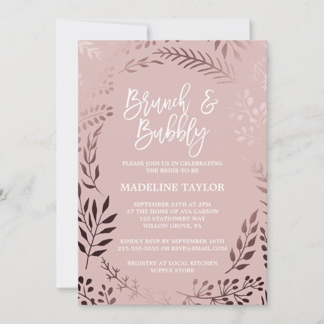 Elegant Rose Gold and Pink Brunch and Bubbly Invitation (Front)