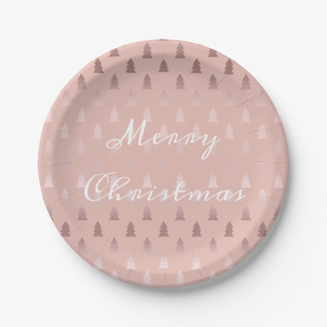 Elegant rose gold and pink Christmas tree pattern Paper Plate (Front)