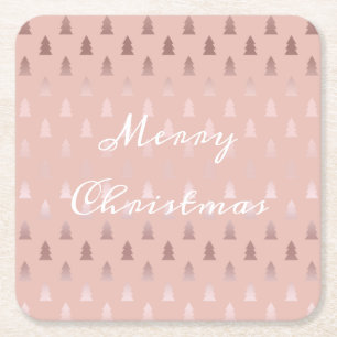Elegant rose gold and pink Christmas tree pattern Square Paper Coaster