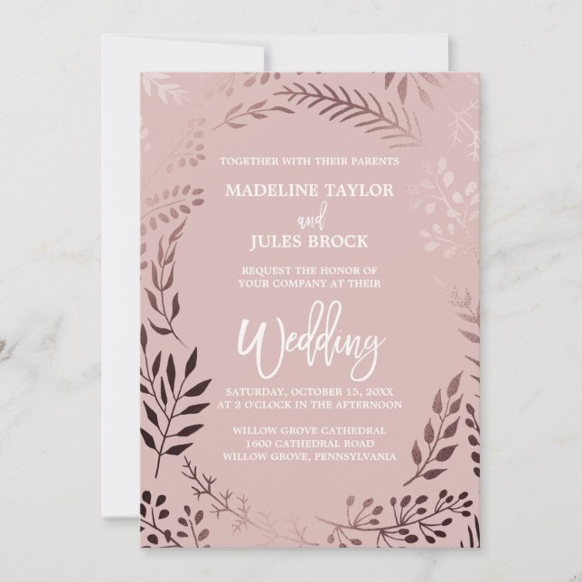 Elegant Rose Gold and Pink | Leafy Frame Wedding Invitation (Front)