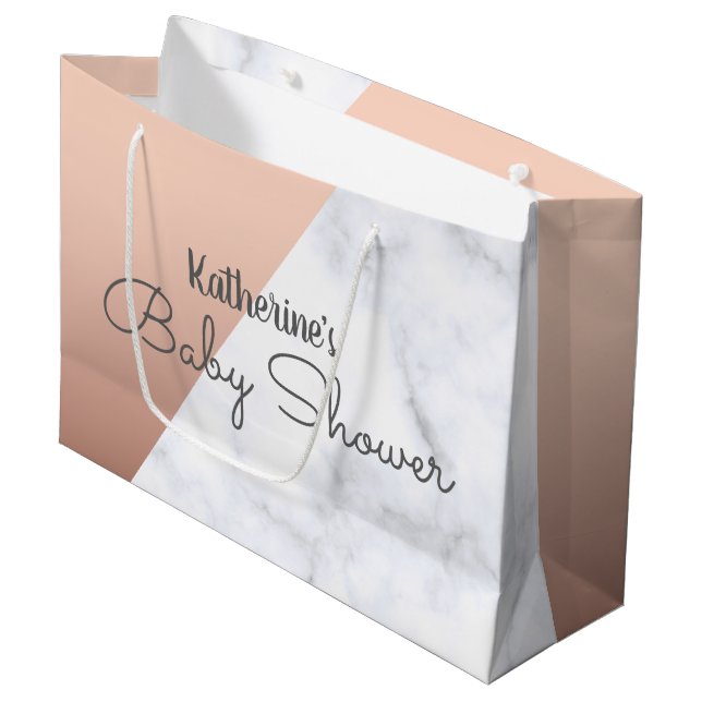 Elegant rose gold and white marble baby shower large gift bag (Front Angled)