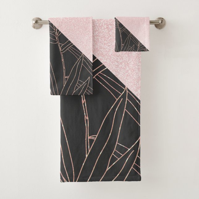Elegant rose gold bamboo foliage pink design bath towel set (Insitu)