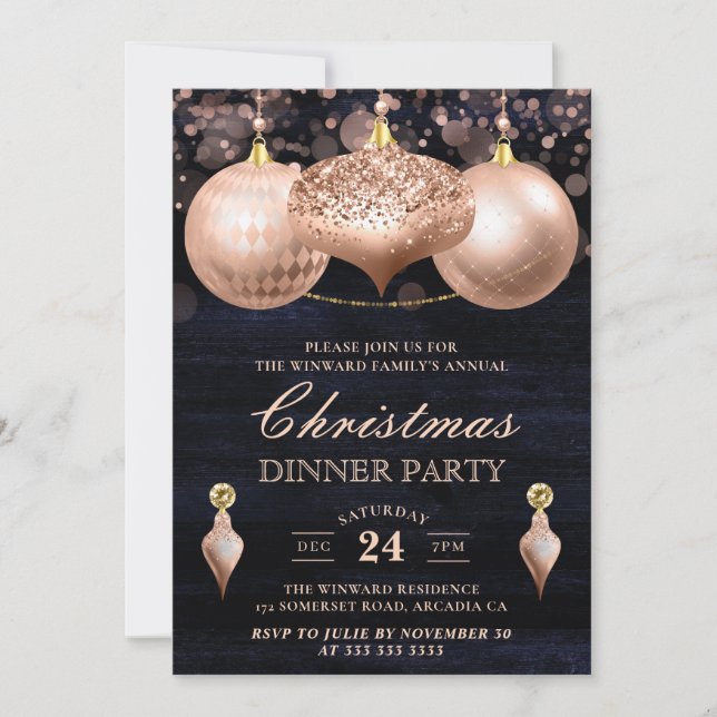Elegant Rose Gold Baubles Christmas Dinner Party Invitation (Front)