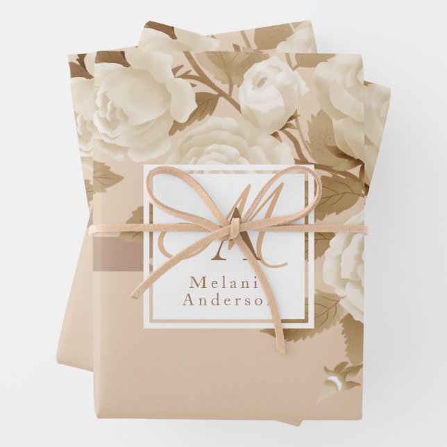 Elegant Rose Gold Beige Monogram Wrapping Paper Sheet (In situ)