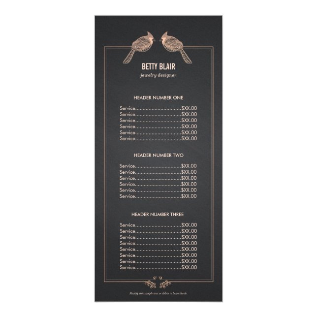 Elégant Rose Gold Birds Chalkboard Liste de prix M (Devant)
