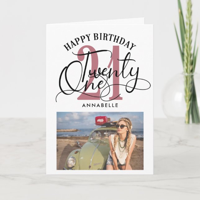 Elegant Rose Gold & Black 21st Birthday Photo Card (Front)