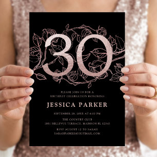 Elegant Rose Gold Black 30th Birthday Invitation