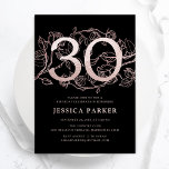 Elegant Rose Gold Black 30th Birthday Invitation<br><div class="desc">Elegant rose gold black 30th birthday party invitation. Customizable modern feminine design featuring roses botanical accents and faux glitter rose gold. Simple floral invite card perfect for a stylish female bday celebration. Personalize with your own details. Printed Zazzle invitations or instant download digital printable template.</div>