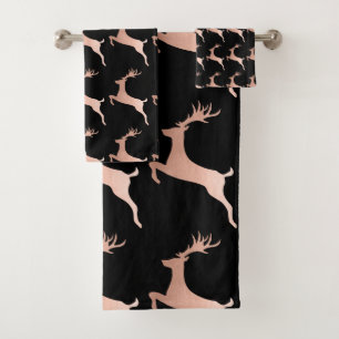 Elegant Rose Gold Black Christmas Reindeer Pattern Bath Towel Set
