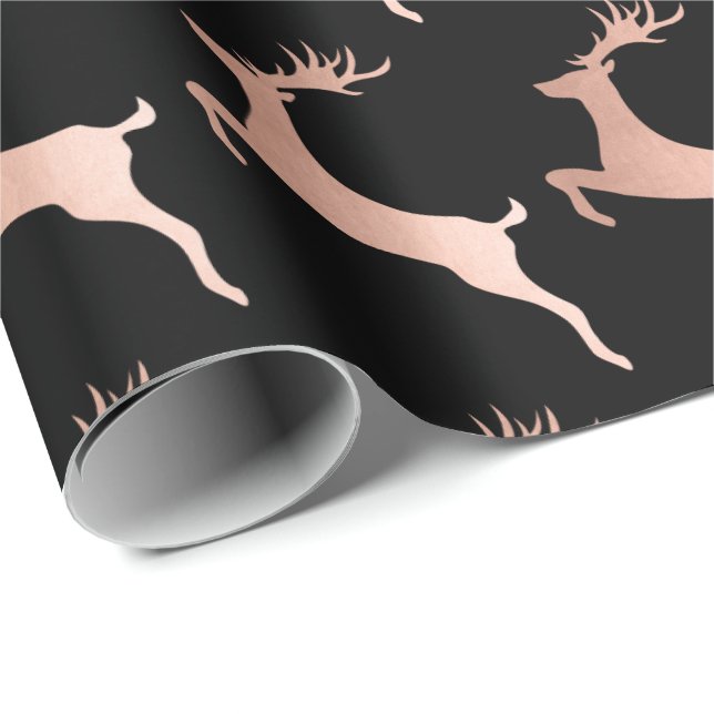 Elegant Rose Gold Black Christmas Reindeer Pattern Wrapping Paper (Roll Corner)