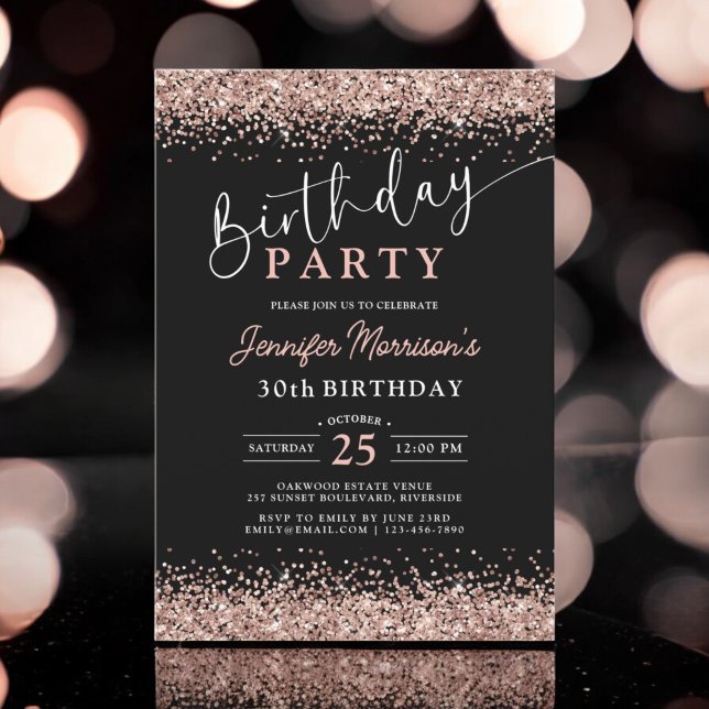 Elegant Rose Gold Black Glitter 30th Birthday Invitation (Creator Uploaded)