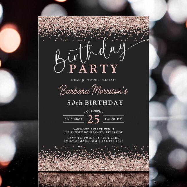 Elegant Rose Gold Black Glitter 50th Birthday Invitation (Creator Uploaded)