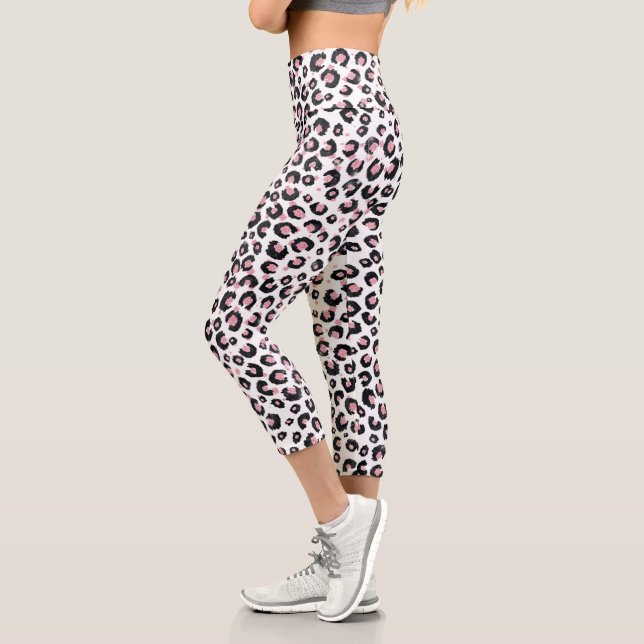 Elegant Rose Gold Black Leopard Pattern Capri Leggings (Left)