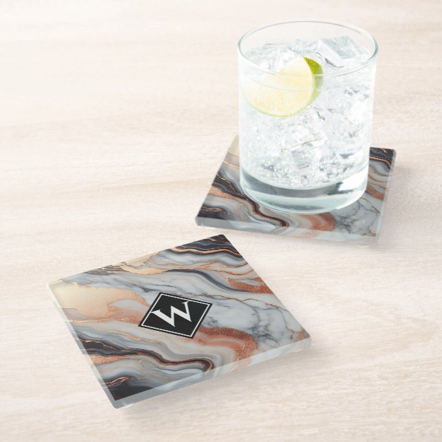 Elegant Rose Gold Black Marble Monogram Glass Coaster (Angled)