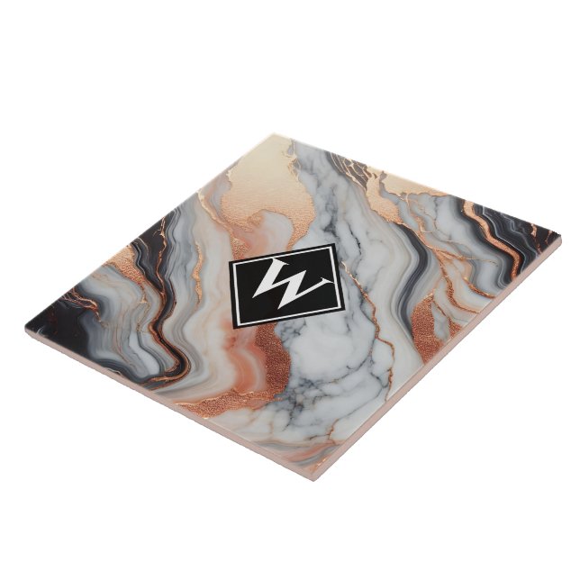 Elegant Rose Gold Black Marble Monogram Tile (Side)