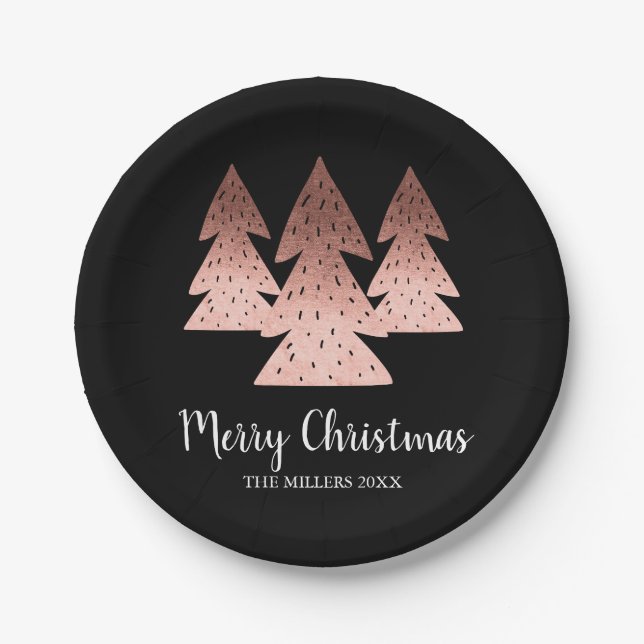 Elegant rose gold & black Merry Christmas tree Paper Plate (Front)