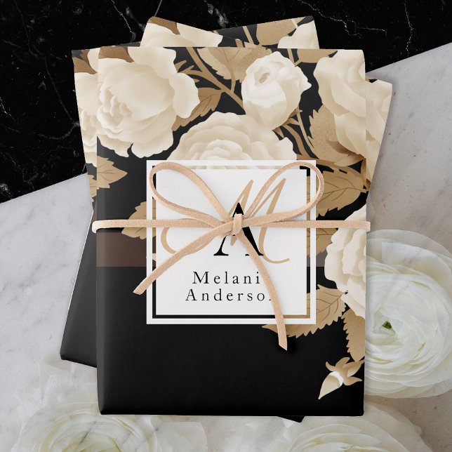 Elegant Rose Gold Black Monogram Wrapping Paper Sheet (Elegant floral design suitable for special gift for special one.)