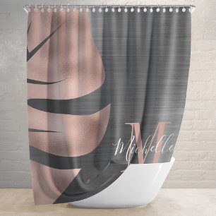 Elegant Rose Gold Black Palm Leaf Monogram