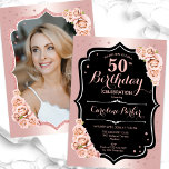 Elegant Rose Gold Black Photo 50th Birthday Invitation<br><div class="desc">Elegant floral feminine 50th birthday invitation with your photo at the back of the card. Glam design with faux glitter rose gold . Features blush pink roses, script font and confetti. Perfect for a stylish adult bday celebration party. Personalise with your own details. Can be customised for any age! Printed...</div>