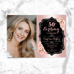 Elegant Rose Gold Black Photo 50th Birthday Invitation<br><div class="desc">Elegant floral feminine 50th birthday invitation with your photo. Glam design with faux rose gold. Features blush pink roses, script font and confetti. Perfect for a stylish adult bday celebration party. Personalise with your own details. Can be customised for any age! Printed Zazzle invitations or instant download digital printable template....</div>