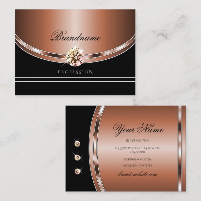 Elegant Rose Gold Black Sparkling Faux Rhinestones Business Card (Front/Back)