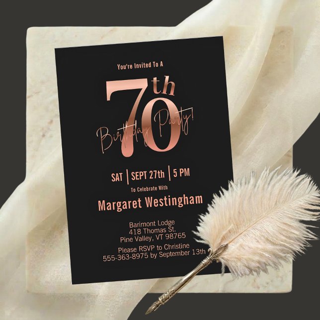 Elegant Rose Gold Black Typography 70th Birthday I Invitation (Creator Uploaded)