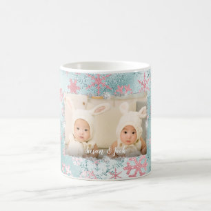 Elegant rose gold blue snowflakes custom photo coffee mug