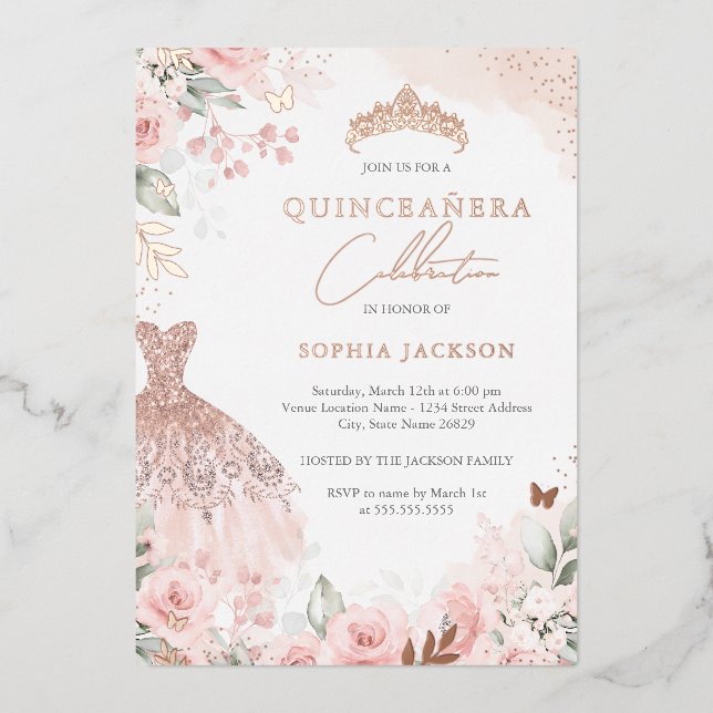 Elegant Rose Gold Blush Dress Floral Quinceanera  (Front)