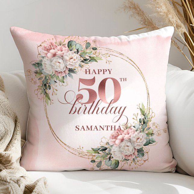 Elegant Rose Gold Blush Floral 50th Birthday Gift Throw Pillow (Elegant Rose Gold Blush Floral 50th Birthday Pillow Gift

)