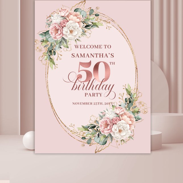 Elegant Rose Gold Blush Floral 50th Birthday   Tapestry (Rose gold floral 50th birthday,
dusty pink blush gold glitter,
opulent Soft pastel   pink flowers, 
)