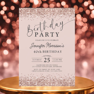 Elegant Rose Gold Blush Glitter 40th Birthday Invitation