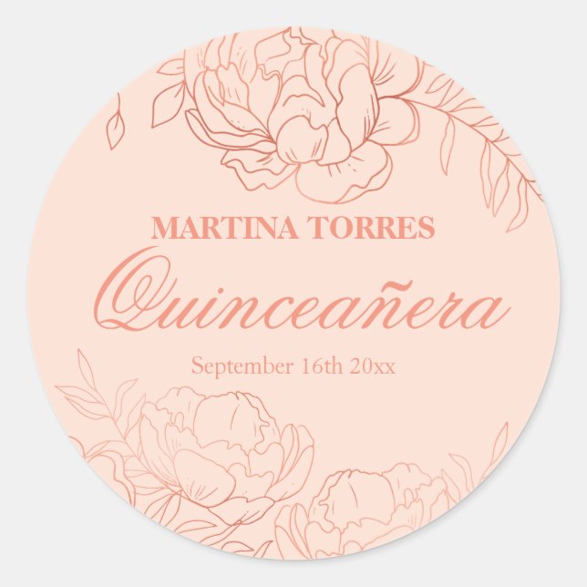 Elegant Rose Gold Blush Pink Floral Quinceanera Classic Round Sticker (Front)