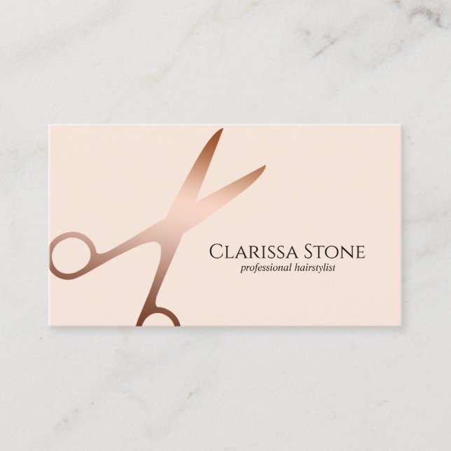 Elegant rose gold blush pink scissors hairstylist business card (Front)
