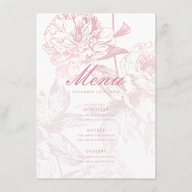 Elégant Rose Gold Blush Rose Floral Mariage Menu (Devant)