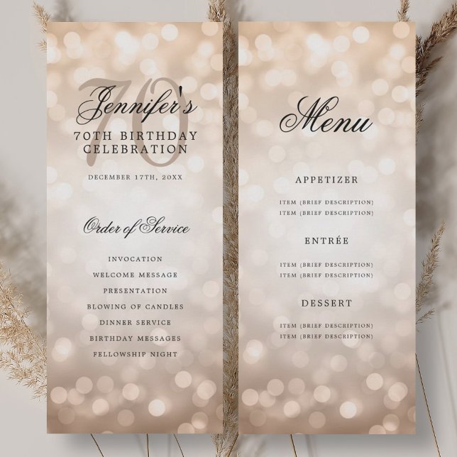 Elegant Rose Gold Bokeh 70th Birthday Program Menu (Elegant Rose Gold Bokeh 70th Birthday Program Menu)