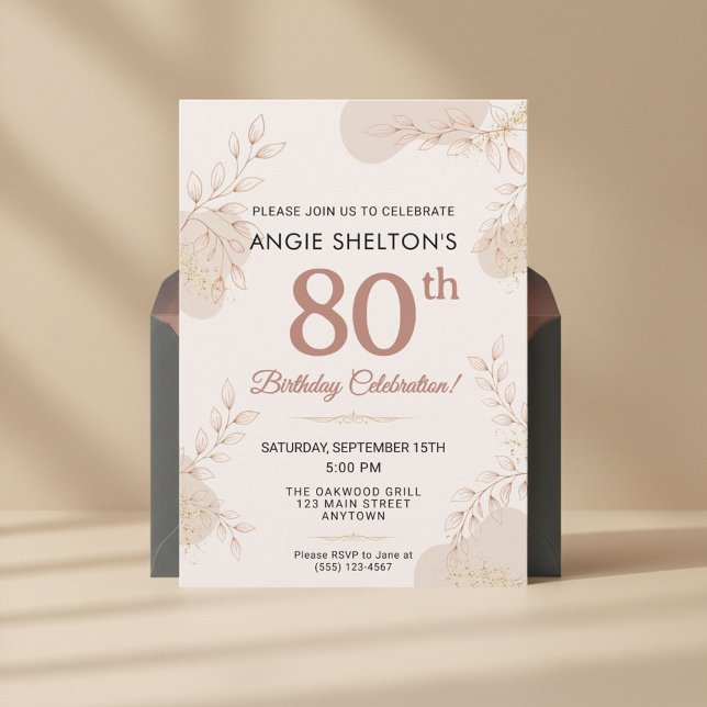 Elegant Rose Gold Botanical 80th Birthday Invitation (Creator Uploaded)