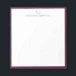 Elegant Rose Gold Botanical Branch Bordeaux Frame Notepad<br><div class="desc">Elegant rose gold line art botanical branch logo with Bordeaux burgundy frame,  personalized with name,  notepad.  Text font style and colour can be customized.</div>