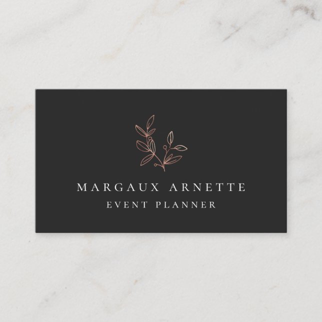 Elegant Rose Gold Botanical Logo Black Business Card (Front)