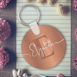 Elegant Rose Gold Brushed Metal Girly Monogrammed Keychain