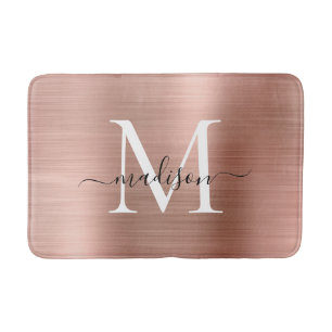 Elegant Rose Gold Brushed Metal Monogram Script Bath Mat